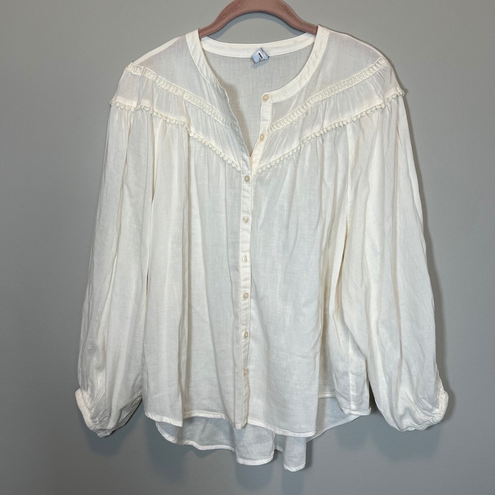 Old Navy Women's Poet Blouse Off-White Lace Trim Boho Top Large